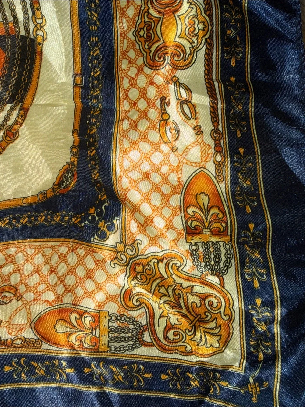 Vintage Equestrian Horse Satin Square Scarf Navy Blue Gold Orange Heritage 19x19